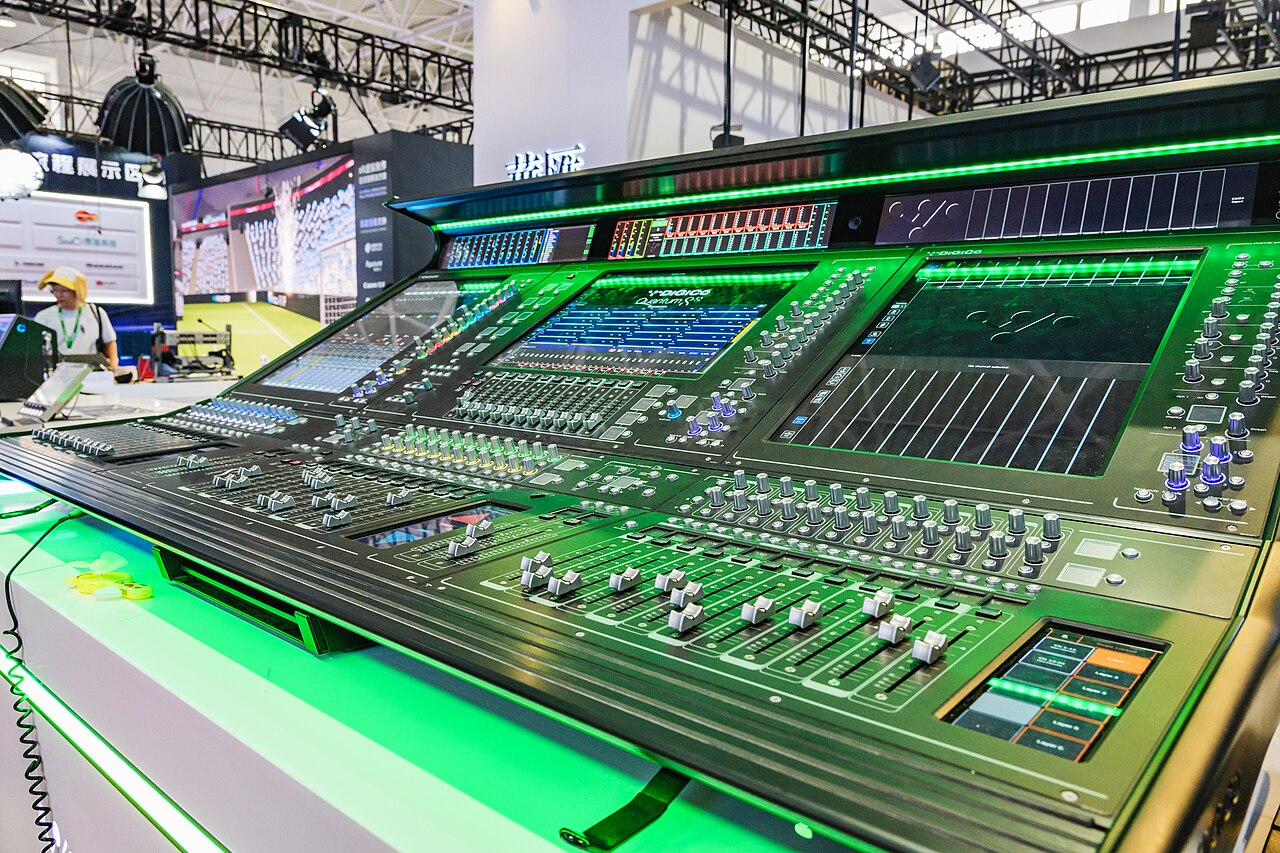 Large digital audio mixing console with faders and channel displays