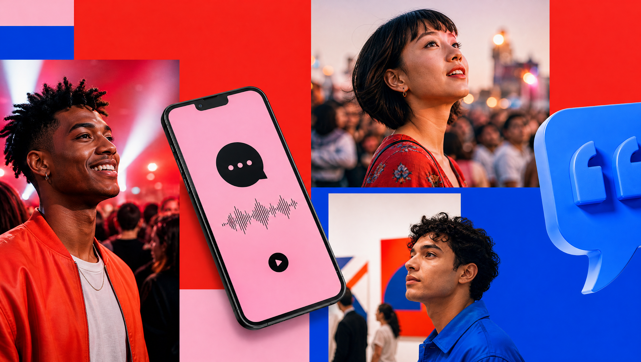 Best Real-Time Translation Apps for Live Events (2026) editorial graphic showing event attendees listening to live speech translation on smartphones and earbuds