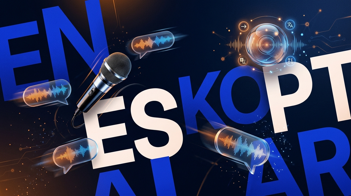 Graphic typography composition with language codes EN, ES, KO, PT, AR alongside 3D microphone and translucent speech bubble elements on a deep midnight blue background