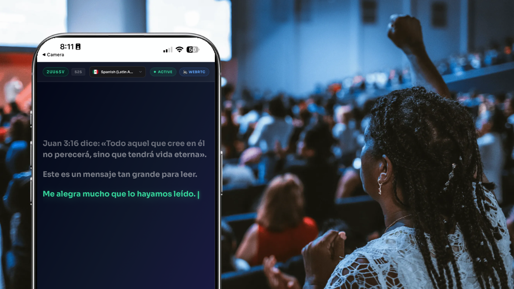 Church member worshiping in service with live Spanish sermon translation on Exbabel app