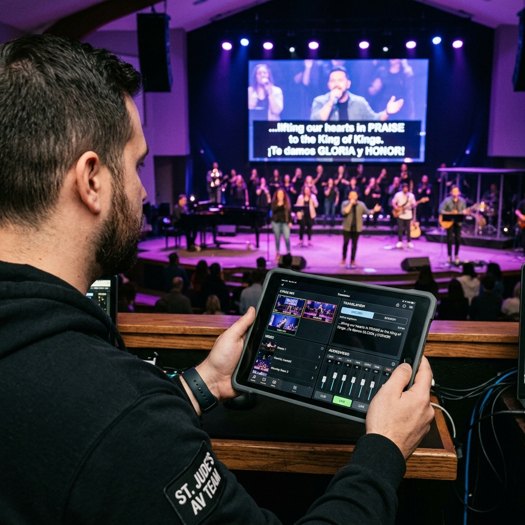 Lifestyle photograph of a church congregation using live translation technology during a service